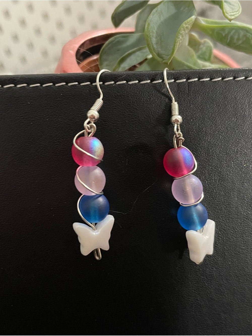 Pink, Purple & Blue Bead Drop Earrings with White Butterfly Charm